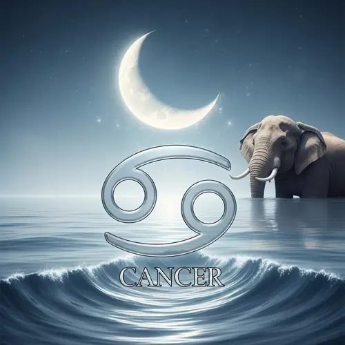 Cancer Astrological Symbol Over Water with Moon and Elephant