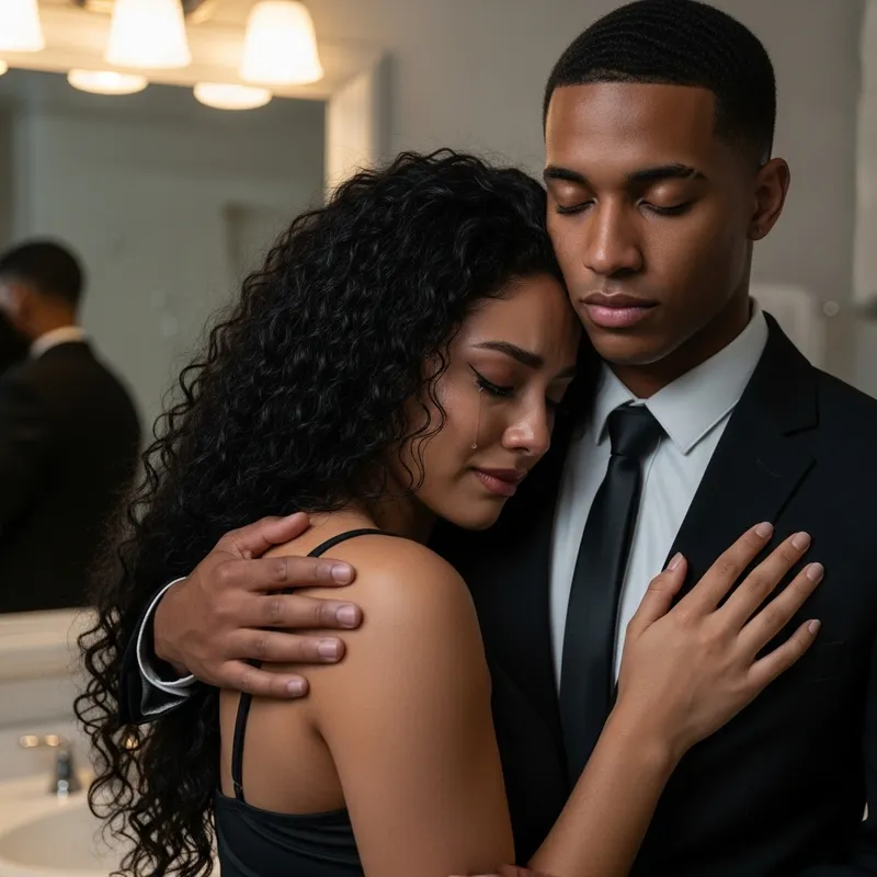 Hispanic Woman Shedding Tears in Bathroom Embraced by Italian Man