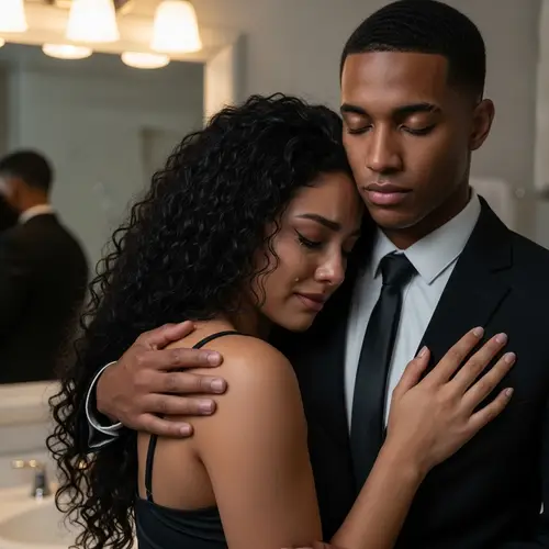 Hispanic Woman Crying in Bathroom Receives Comforting Hug by Italian Man