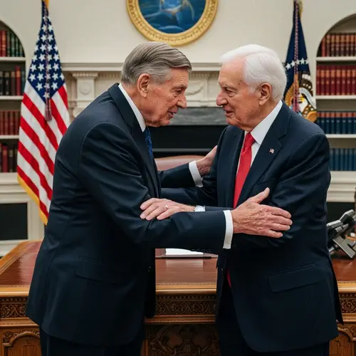 Historical Caucasian Politicians Affectionate Gesture in Oval Office