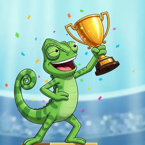 Cartoon Chameleon Celebrating Victory with Trophy