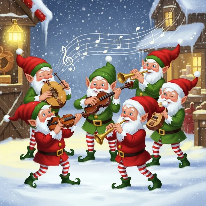 Iconic Illustration of Santa's Musicians Gnomes at North Pole
