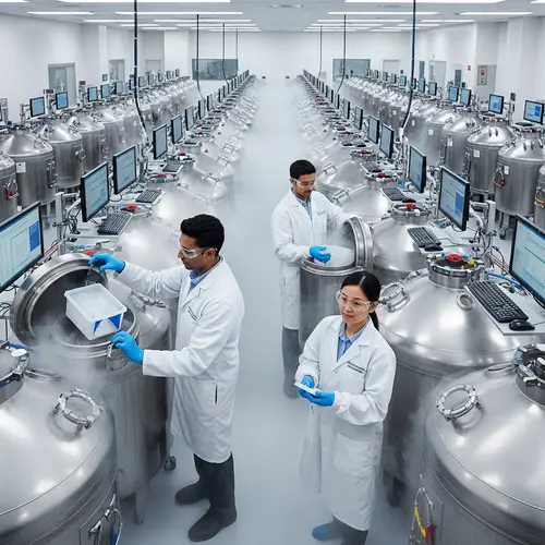 Modern Cryobank Facility | Organized Cylindrical Containers & Scientists