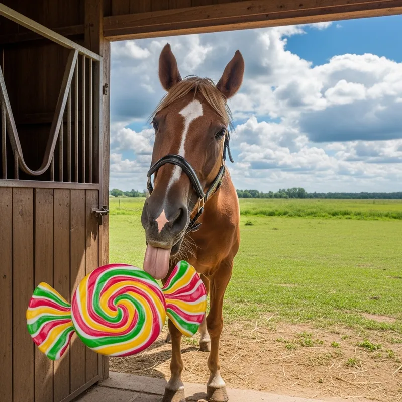 Tranquil Horse Licking Large Sweet Candy in Rustic Stable