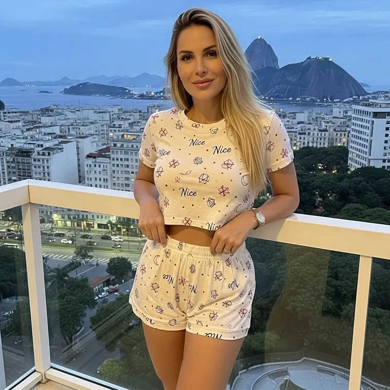 Serenity in Rio: European Woman in Nice Theme Pyjamas on Balcony