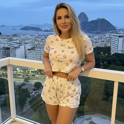 European Woman in Nice Theme Pyjamas on Rio de Janeiro Balcony