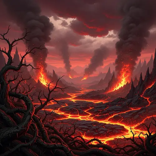 Terrifying Landscape Visualization of Hell with Molten Lava & Ominous Clouds