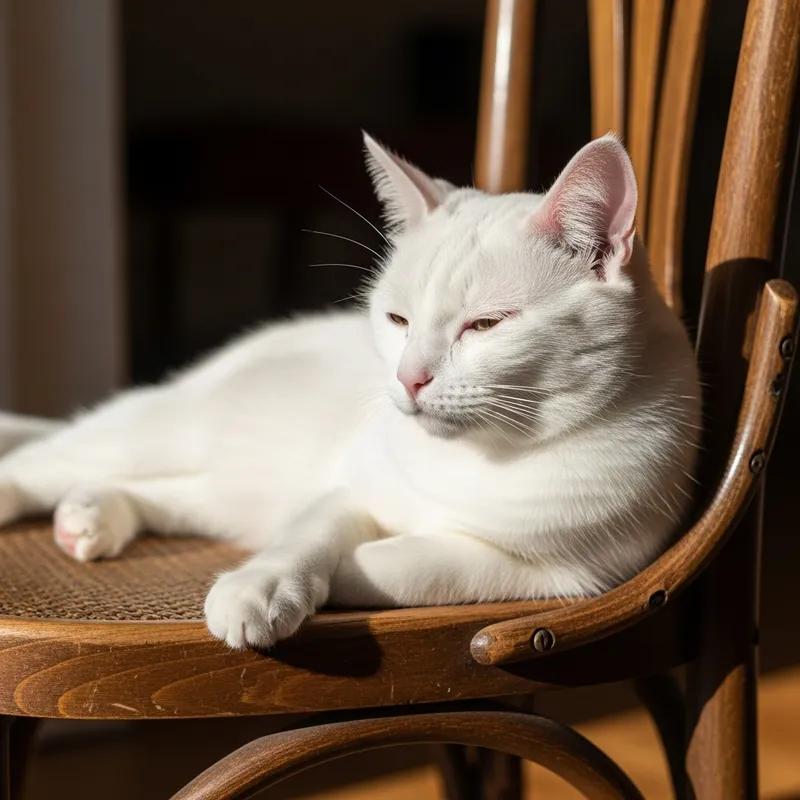 Tranquil White Cat Lounging on Antique Chair in Sunlight