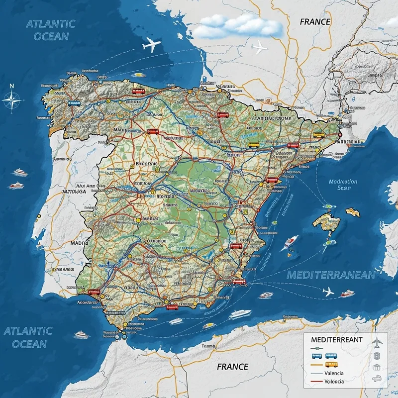 Detailed Map of Spain with Roads, Trains, Buses, Airplanes & Boats