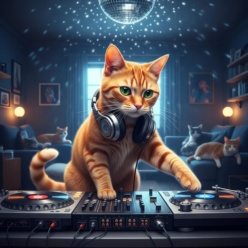 Cat DJ Mixing Hip Hop Beats with Focus