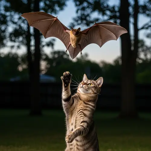 Domestic Shorthaired Cat Playing with Bat - Wildlife Encounter