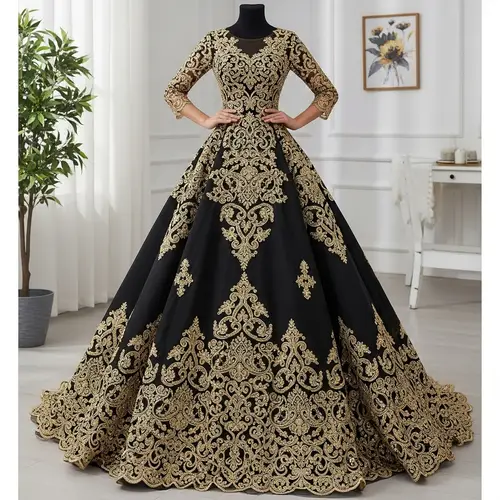 Elegant Black Dress with Gold Embellishments - Luxurious Fashion Statement