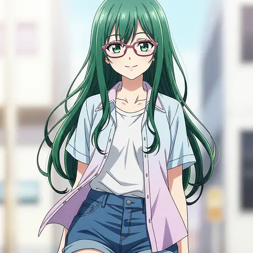 HD Anime Style Girl with Green Hair in Pink Glasses