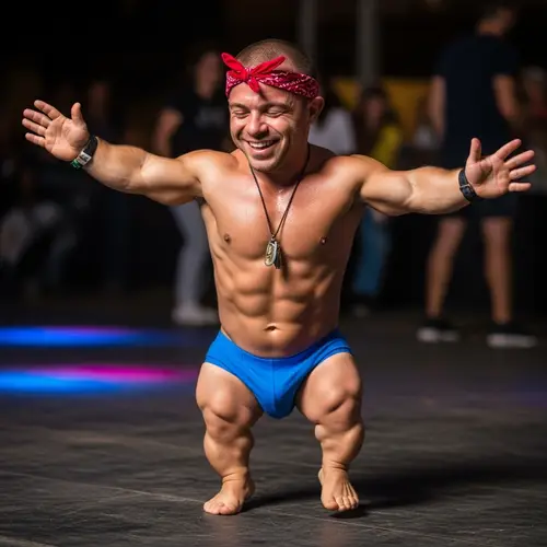 Joyful Dancing Man in Red Bandana & Blue Speedos