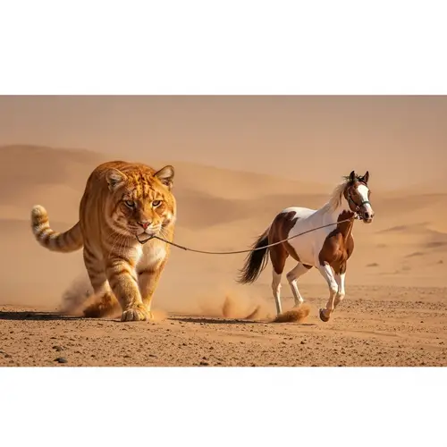 Ginger Cat Leading Piebald Horse Through Desert Sandstorm