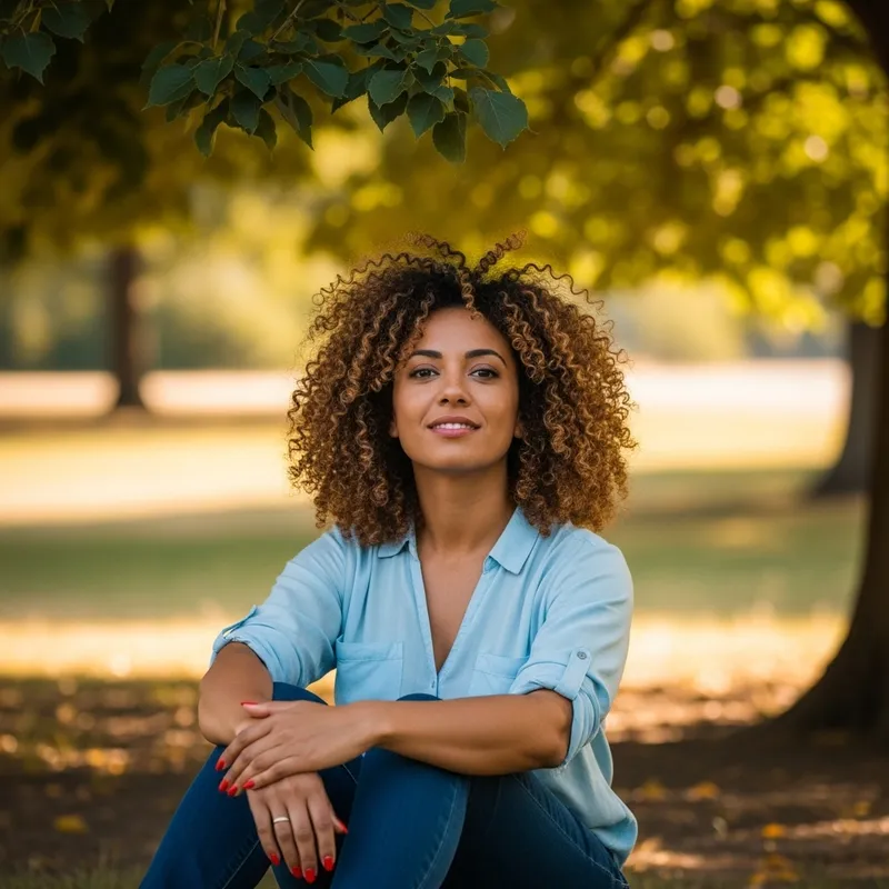 Tranquil Woman with Curly Hair and Red Nails in a Serene Park Setting Tranquil Woman with Curly Hair and Red Nails in a Serene Park Setting