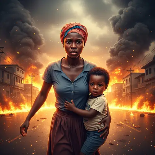 Young Haitian Woman and Child Running in Street Amid City Fire