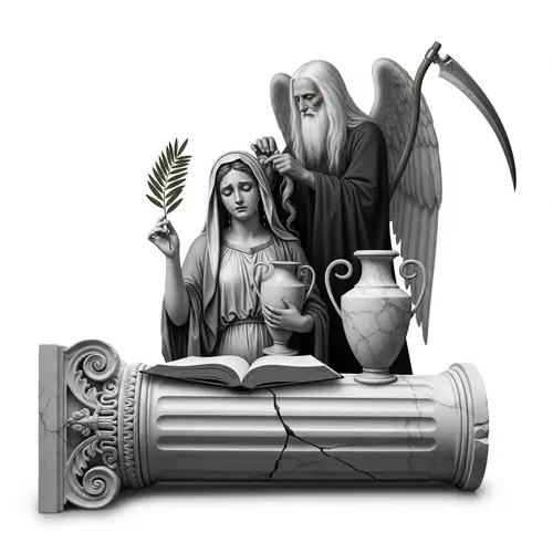 Symbolic Marble Monument with Virgin and Old Man - Masonic Imagery