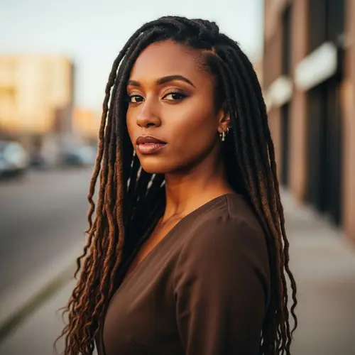 Graceful African-American Woman with Long Dreadlocks | Strength & Resilience