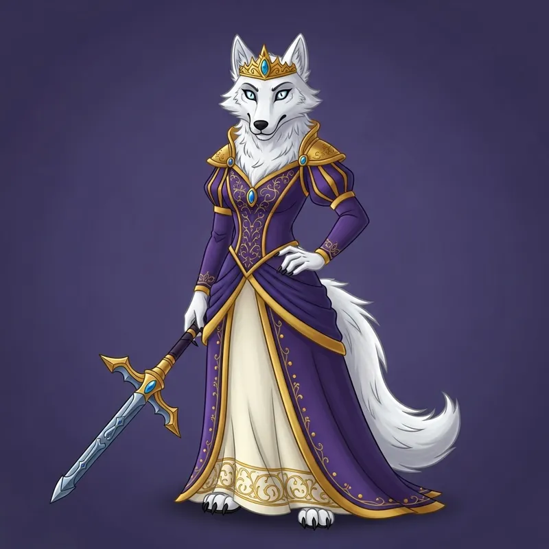 Female White Wolf Character in Purple and Gold Attire Female White Wolf Character in Purple and Gold Attire
