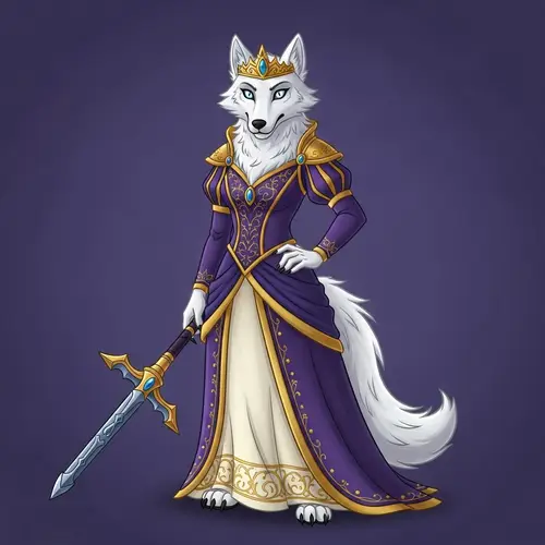 Female White Wolf Character in Purple and Gold Dress