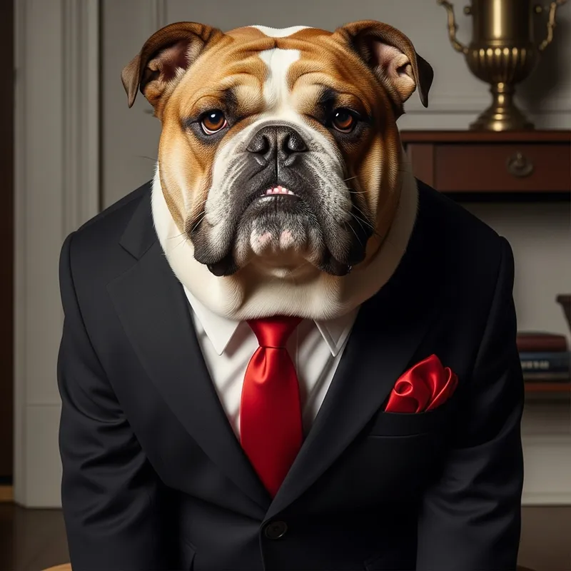 Elegant Bulldog in Black Suit with Red Tie - Professional Portrait