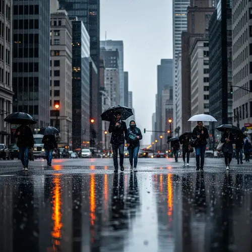 Rainy Day Cityscape: Vibrant Lights and Diverse People