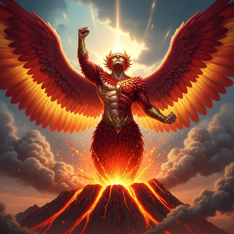 Mythical Half-Phoenix Figure Rising From Volcano