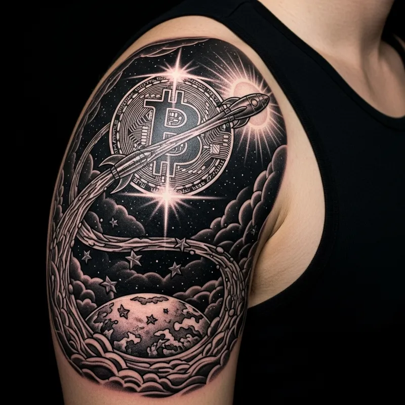 Bitcoin to the Moon Deltoid Tattoo Design