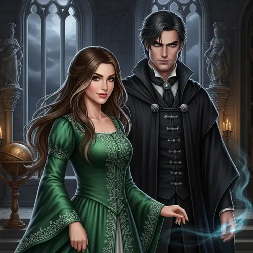 Beautiful Woman and Handsome Man in Wizarding School Setting