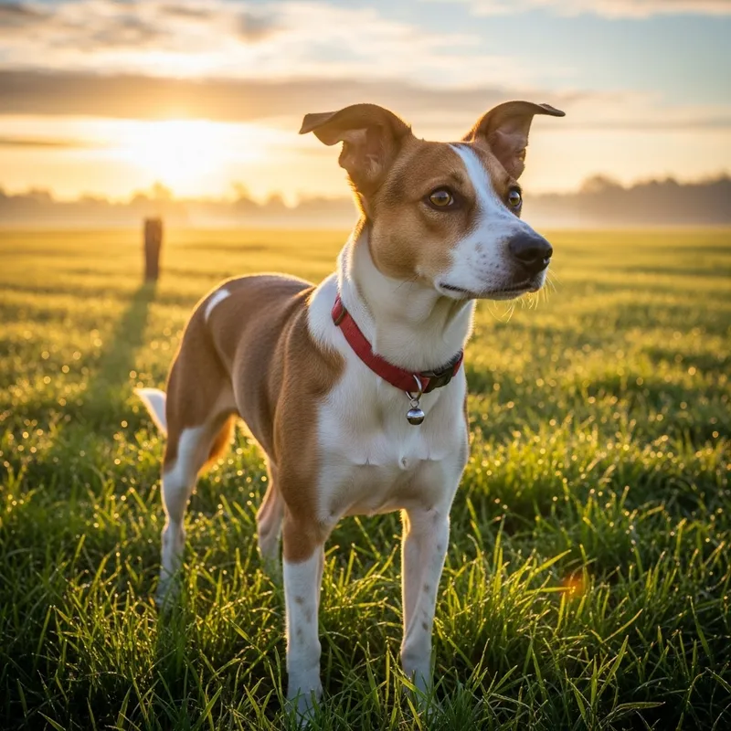 Adorable Mixed Breed Dog in Grassy Field at Sunrise Adorable Mixed Breed Dog in Grassy Field at Sunrise