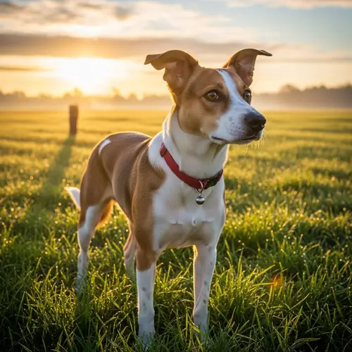 Beautiful Mixed Breed Dog in Grassy Field at Sunrise