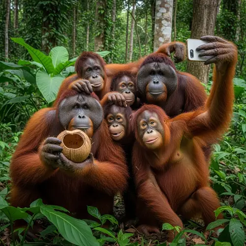 Amusing Orangutans Take Selfie in Lush Rainforest Habitat