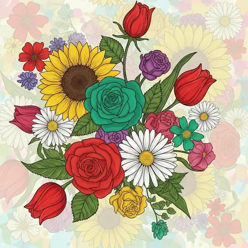 Abstract Floral Pattern: Roses, Daisies, Sunflowers & Tulips