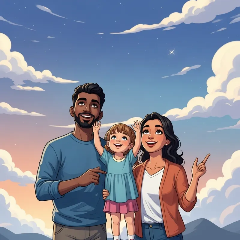 Happy Family Watching Sky: Serene Multicultural Scene