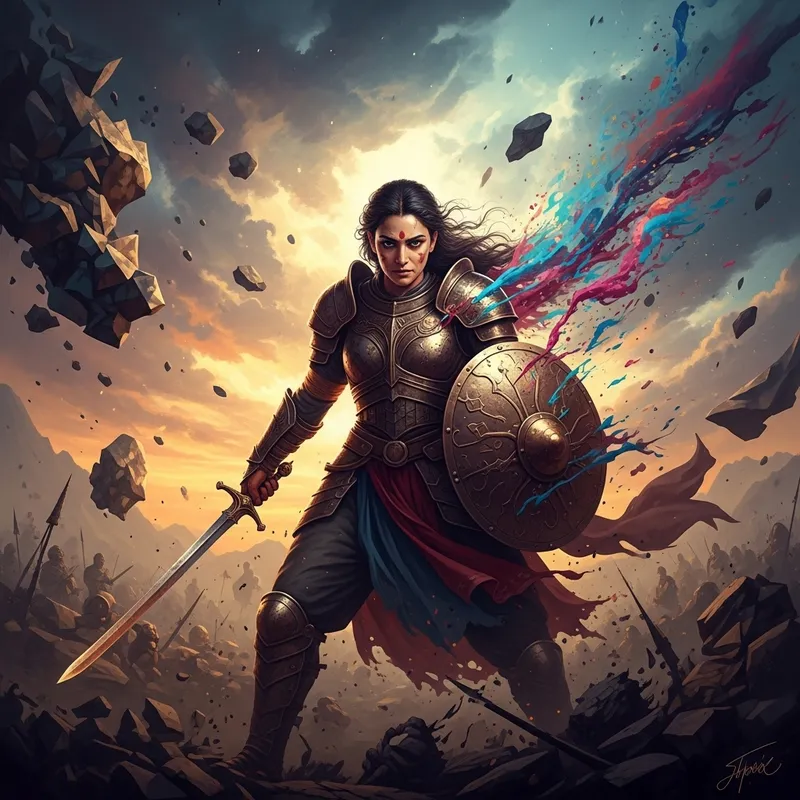 Powerful Warrior in Abstract Landscape Powerful Warrior in Abstract Landscape