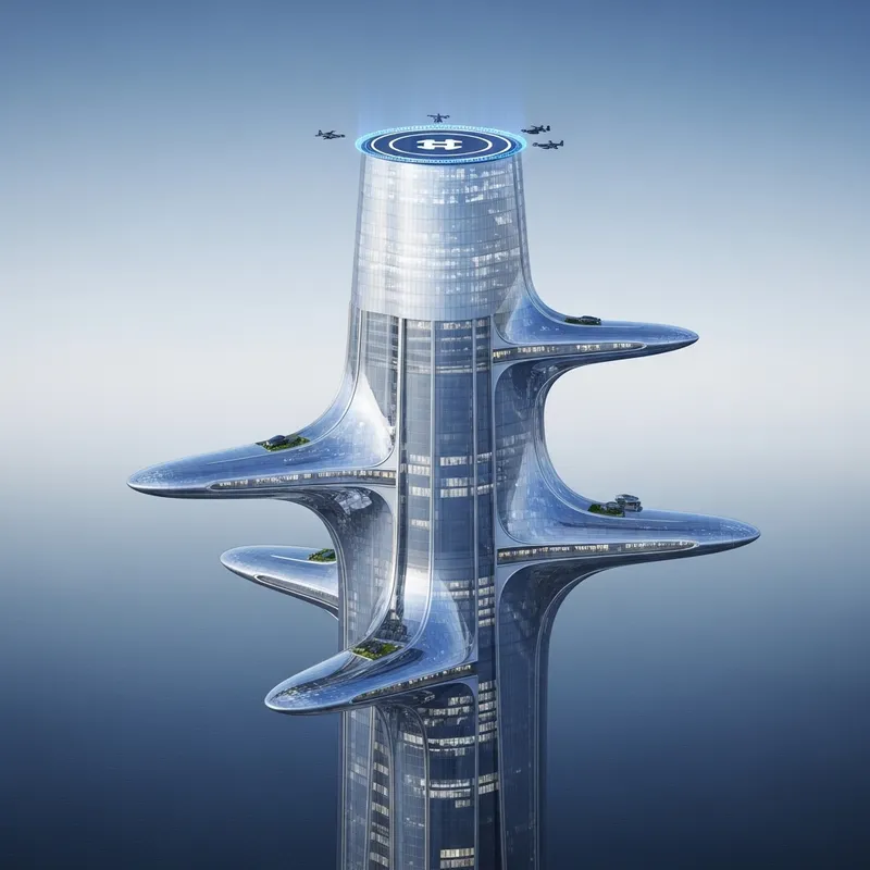 Futuristic Skyscraper Design 2050s | Unique Glass Top & Flight Landing