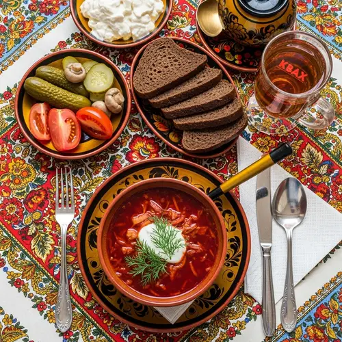 Traditional Russian Meal Composition | Classic Dishes and Kvass