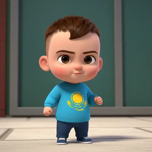 Kazakh Toddler Boy with Brown Hair - Cartoon Style