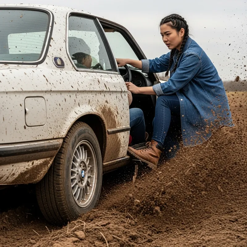 Woman Driving Vintage BMW in Brown Boots Through Deep Mud
