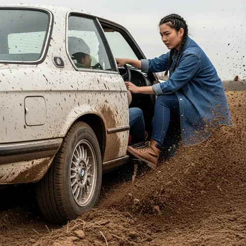 Asian Woman in Brown Boots Operating Antique BMW Vehicle