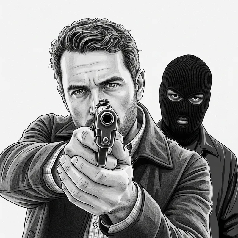 Captivating Manga Art: Gun-Wielding Figure in Balaclava Captivating Manga Art: Gun-Wielding Figure in Balaclava