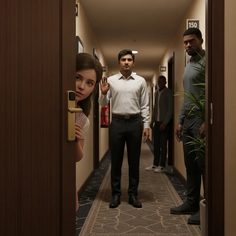 Detailed Hotel Scene: Caucasian Girl, South Asian Man, and Black Man