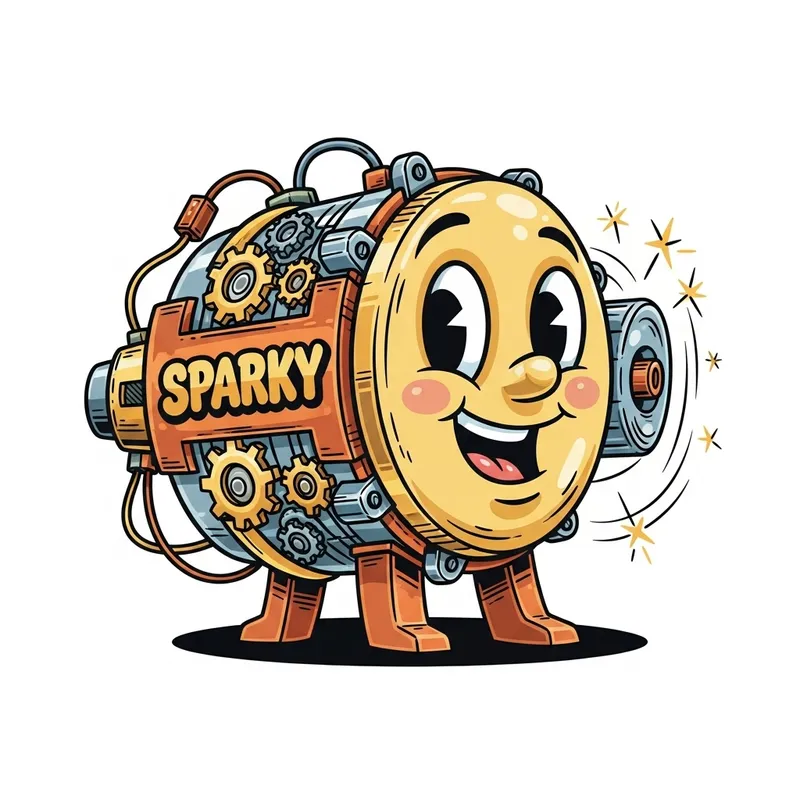 Mechanical Cartoon-Style Electric Motor in Center with White Space