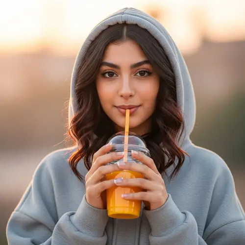 Middle-Eastern Girl in Hoodie Holding Favorite Juice