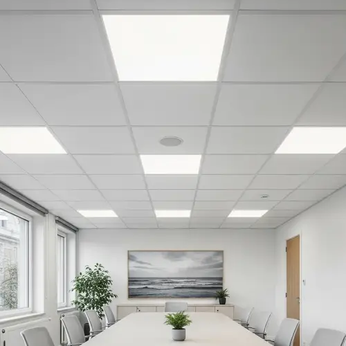 Office Meeting Room Ceiling with Matte White Tiles and Lamps
