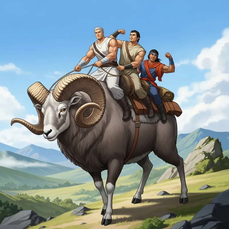 Epic Journey: Three Strong Men Riding Majestic Giant Horned Sheep