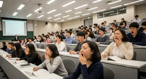 High-Quality & Detailed Photo of Exhausted Chinese University Students Yawning in Lecture Hall