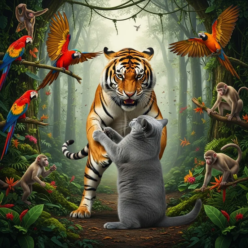 Life-and-Death Struggle: Grey British Cat vs Massive Tiger