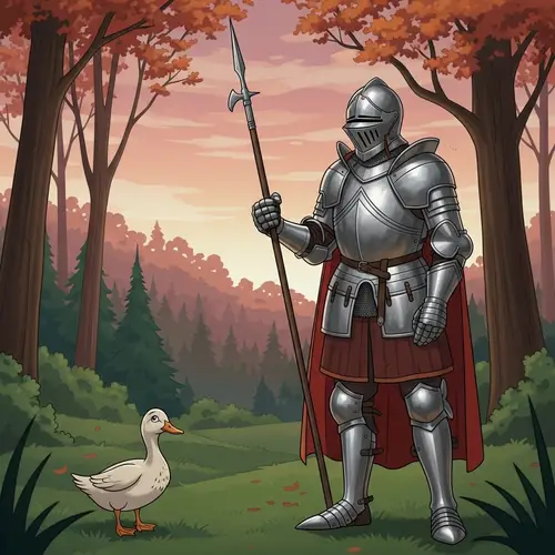 Hispanic Male Knight Guarding Duck in Silver Armor